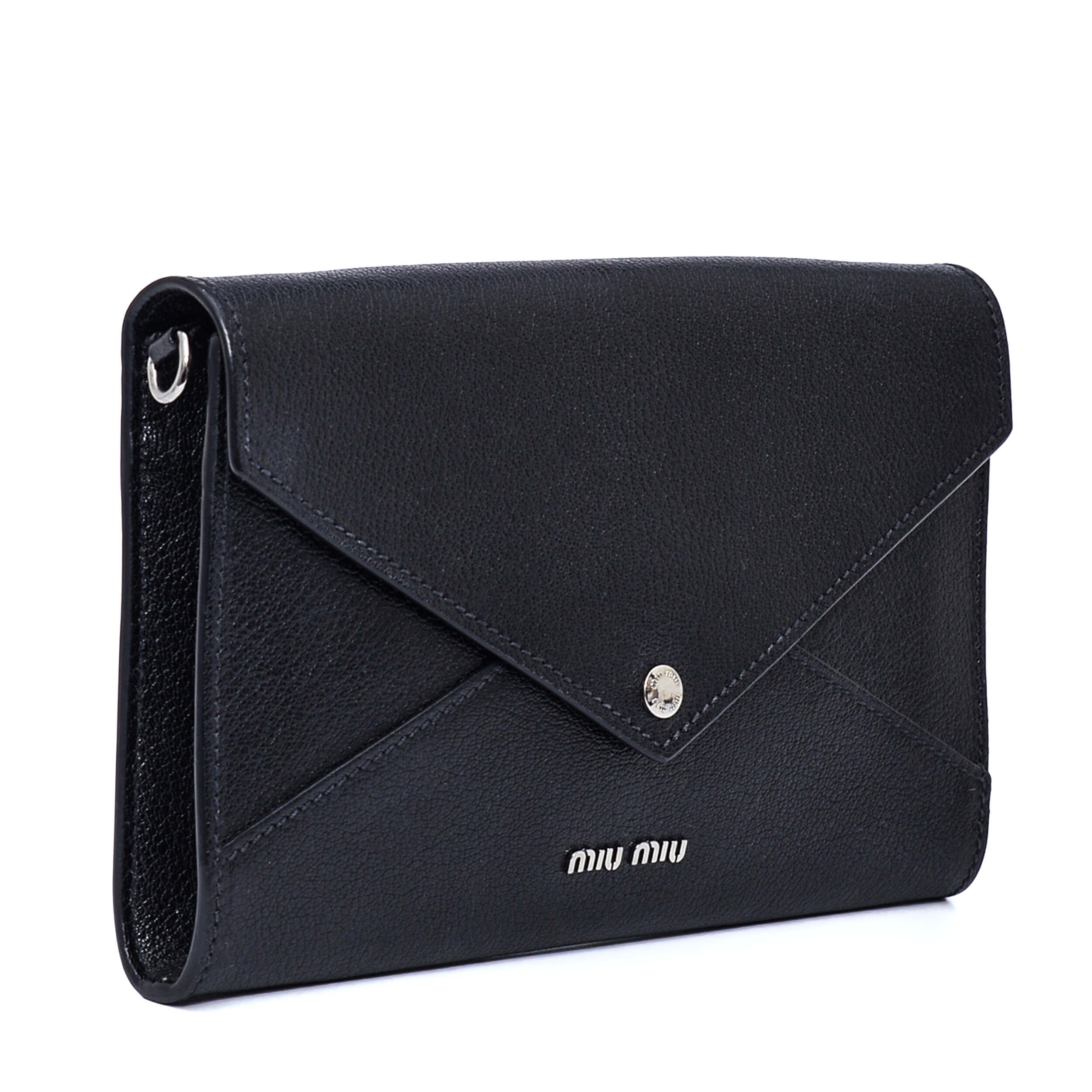 Miu Miu - Black Grained Leather Envelope Clutch with Floral Rhinestone Strap